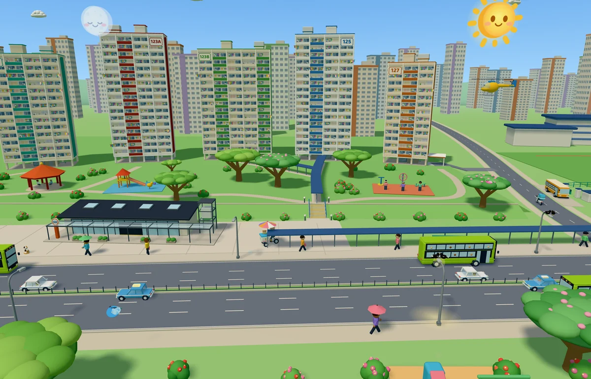 Bartley: HDB flats, a green double-decker bus and the MRT station