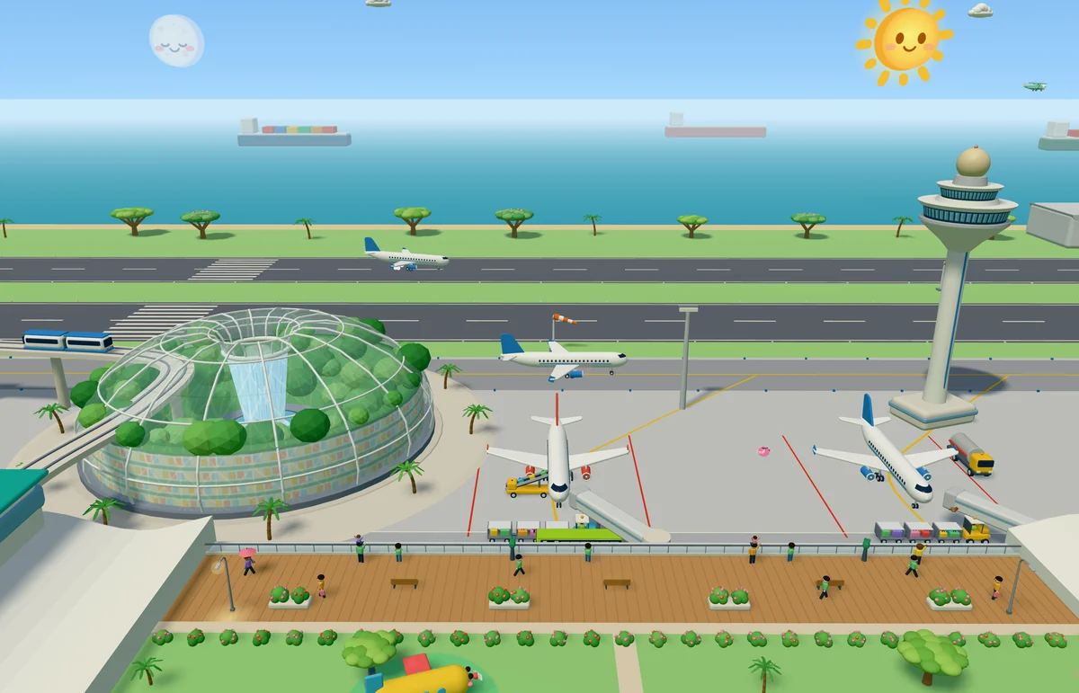 Changi Airport: planes at the gates and on the runway, the control tower and the Jewel