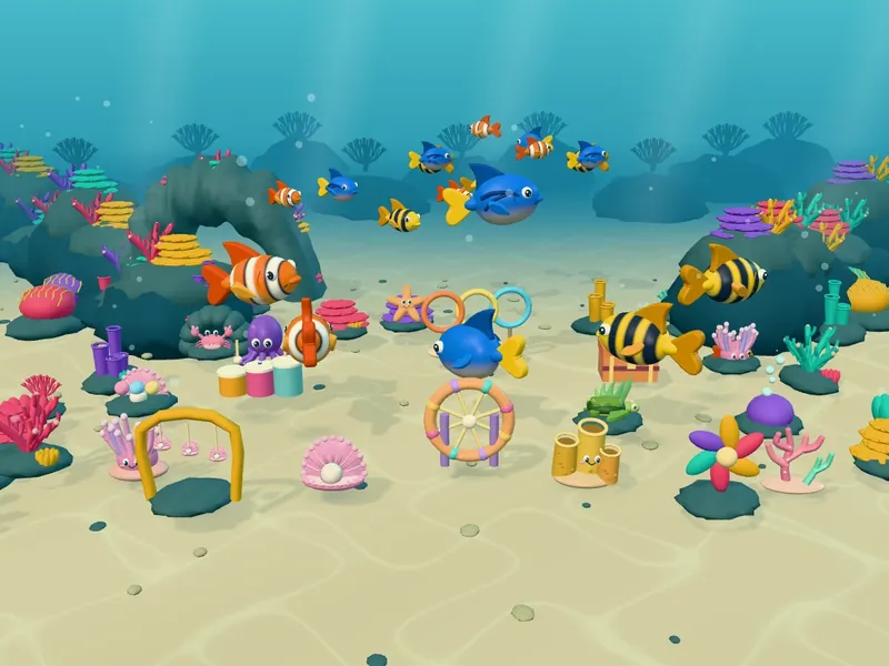 Under the Sea: clownfish and friendly striped fish swimming over a colourful coral garden