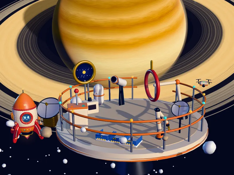 Space Hop: the smiling little rocket parked at a round space station in front of golden Saturn and its rings