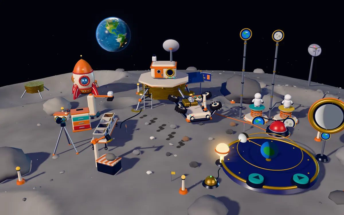 The Moon: a lander, a rover and astronauts on the grey cratered ground, with Earth in the sky