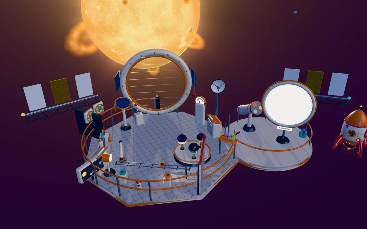 The Sun: a sun-watching station with a big round window, a telescope and a viewing screen, and the little rocket parked alongside