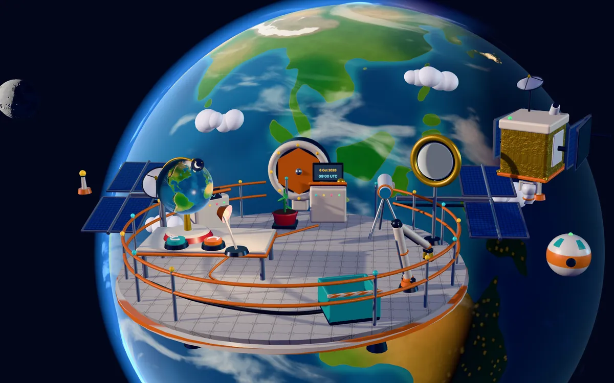 Space Hop at Earth: a little observation deck with a globe, a telescope, solar panels and a satellite, floating above the blue planet