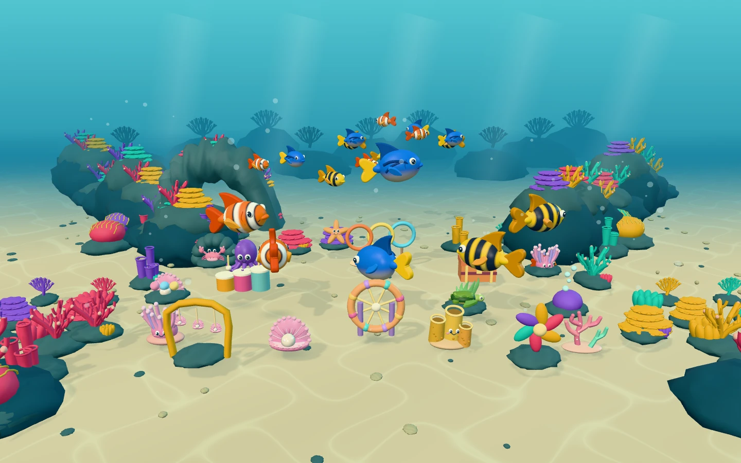Under the Sea: friendly orange, blue and yellow fish swimming through a colourful coral garden